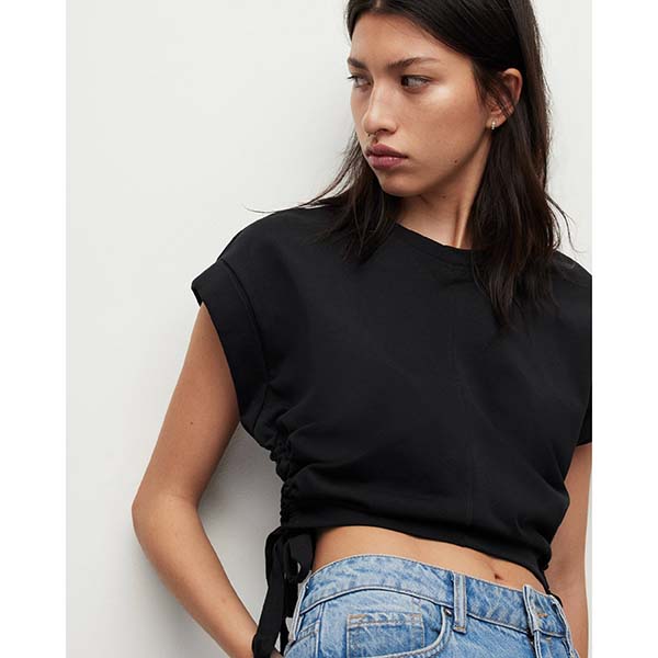 Allsaints Australia Womens Mira Cropped Drawcord T-Shirt Black AU63-192